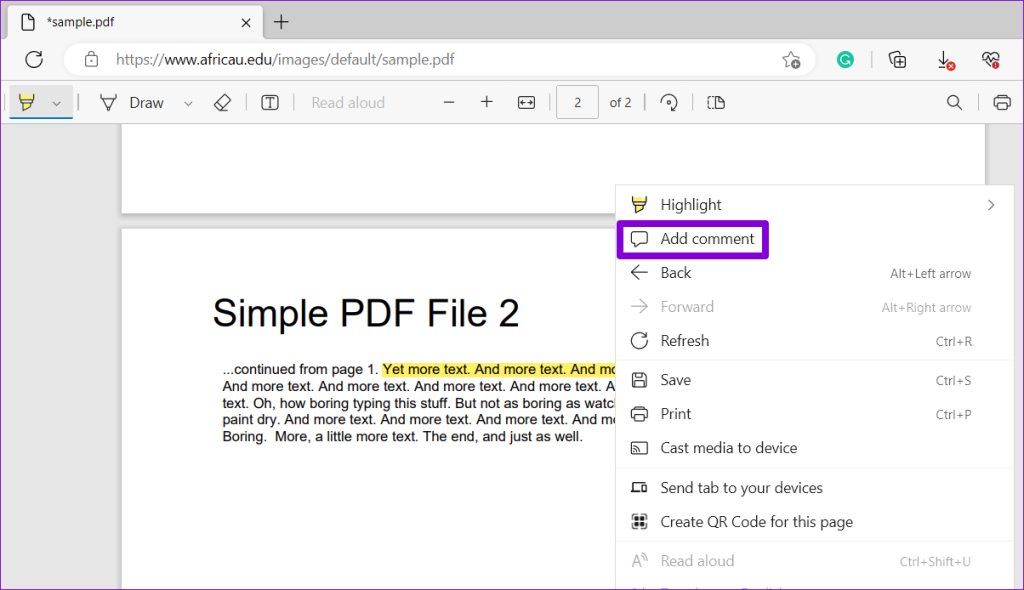 Add Comment to PDF in Edge
