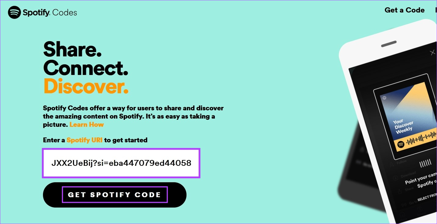 Paste code and click on Get Spotify Code