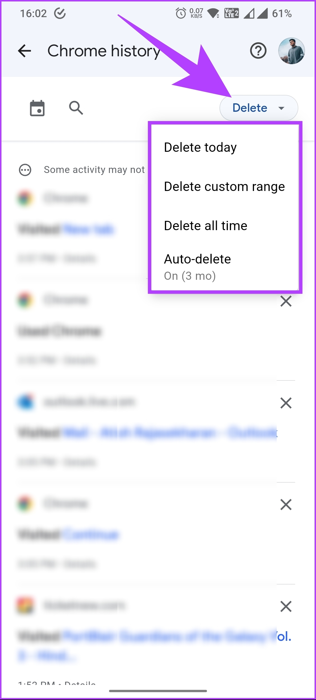 click the delete button, and select the time frame