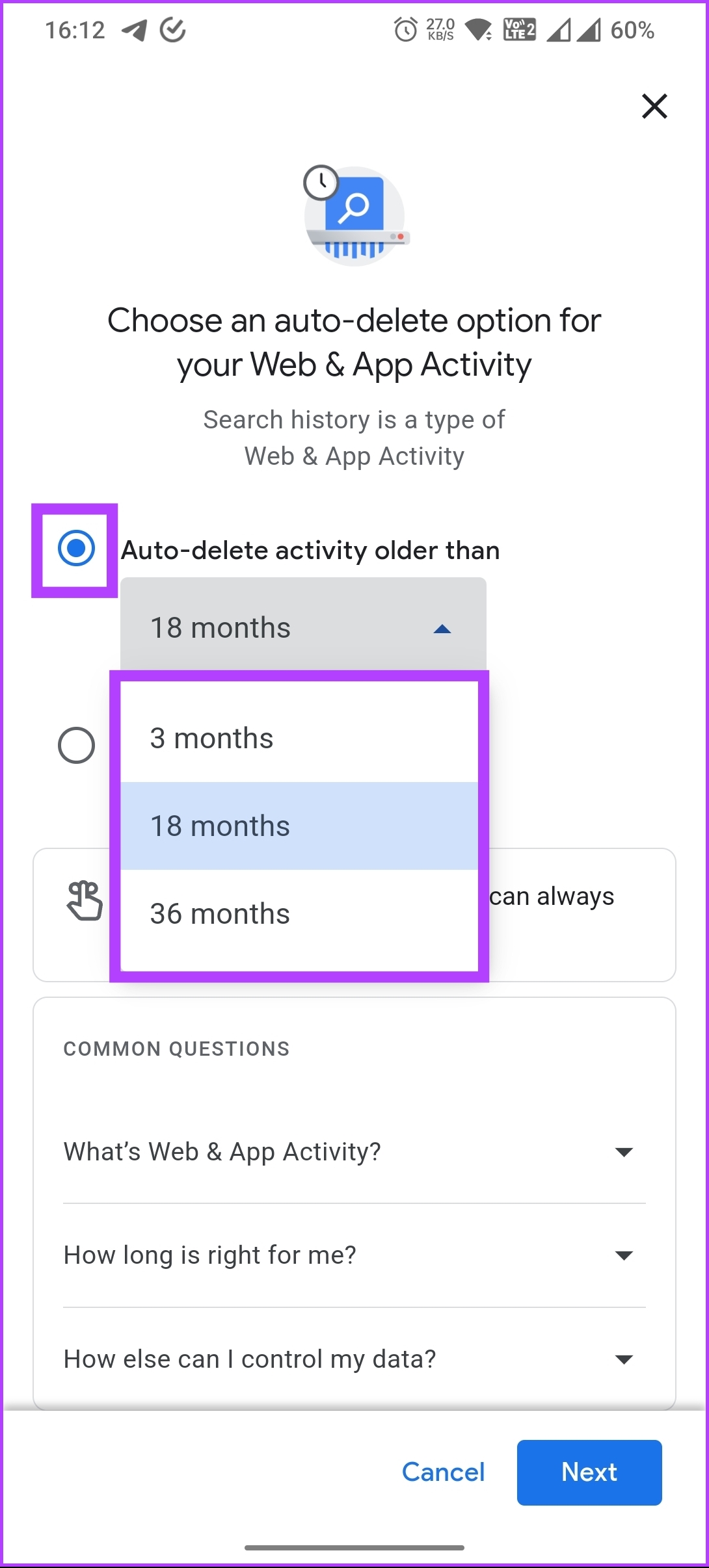 select 'Auto-delete activity older than'