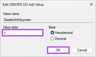 type 1 in the Value Data field