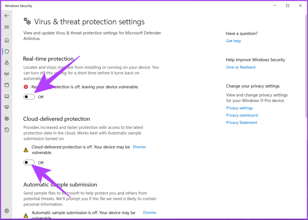click disable the ‘Real-time protection’ toggle