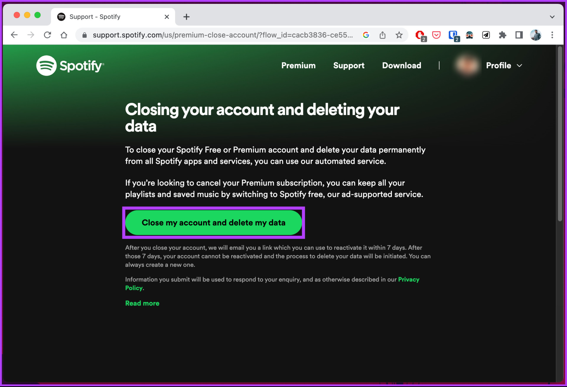 click the 'Close my account and delete my data' button