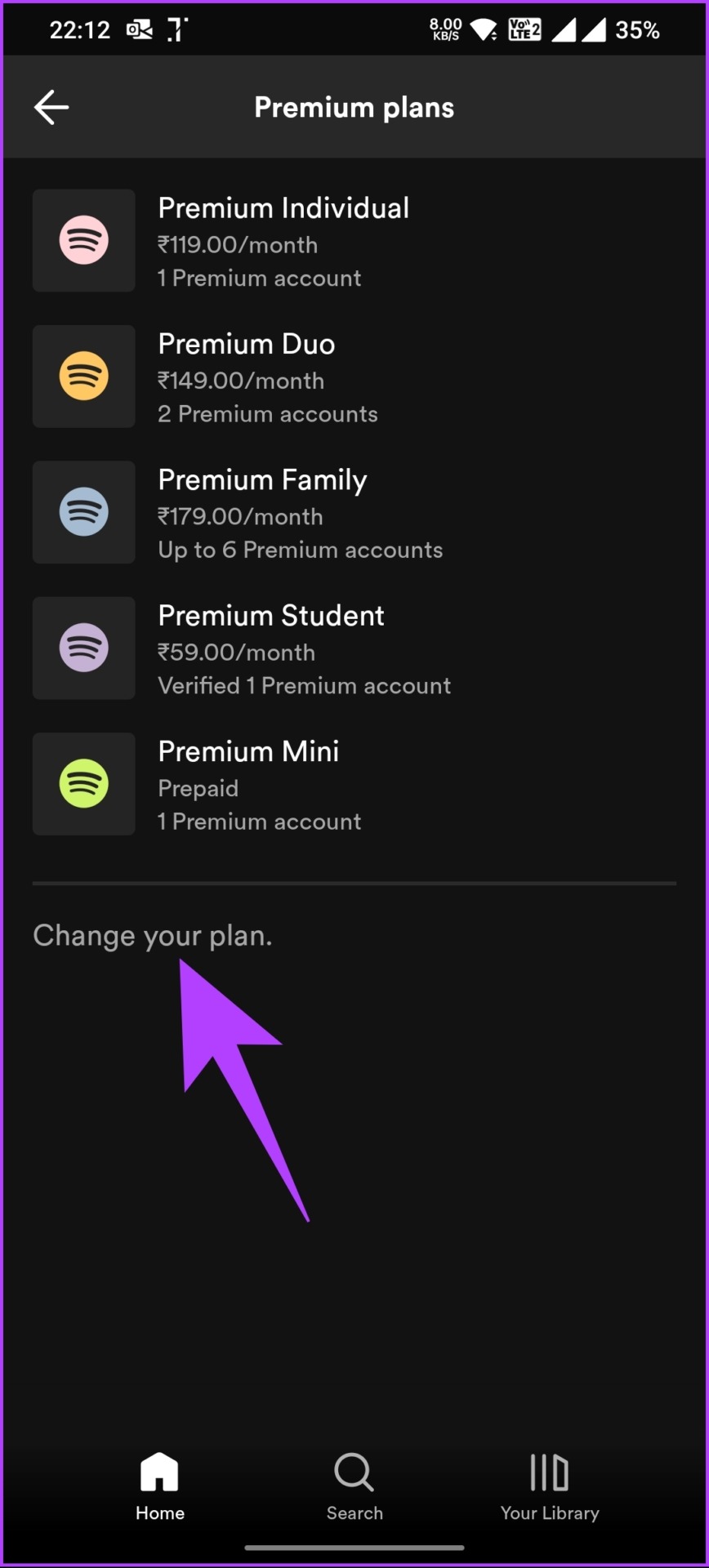 choose the 'Change your plan' option