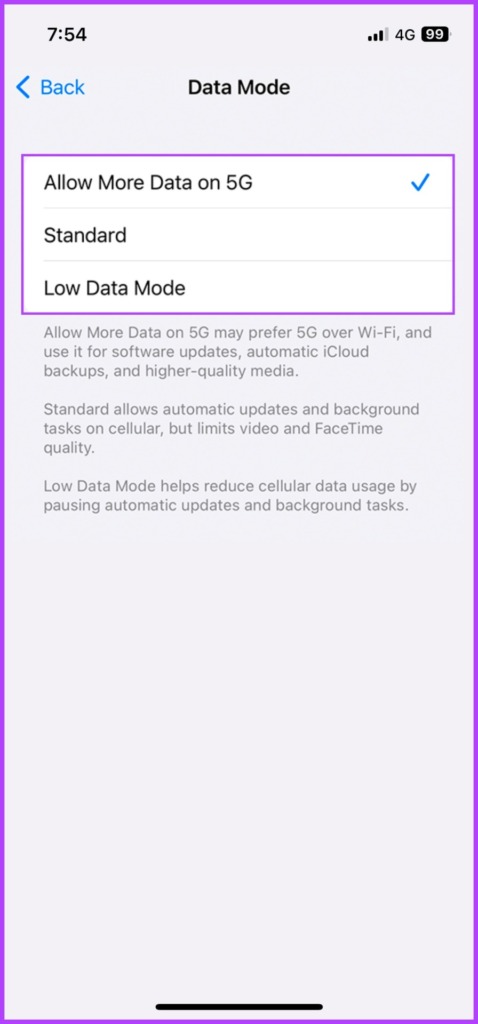 Select the Data Mode from Settings