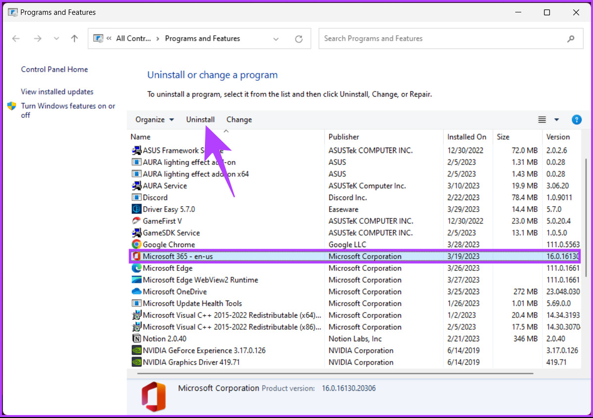  select Microsoft 365 or Microsoft Office and click Uninstall