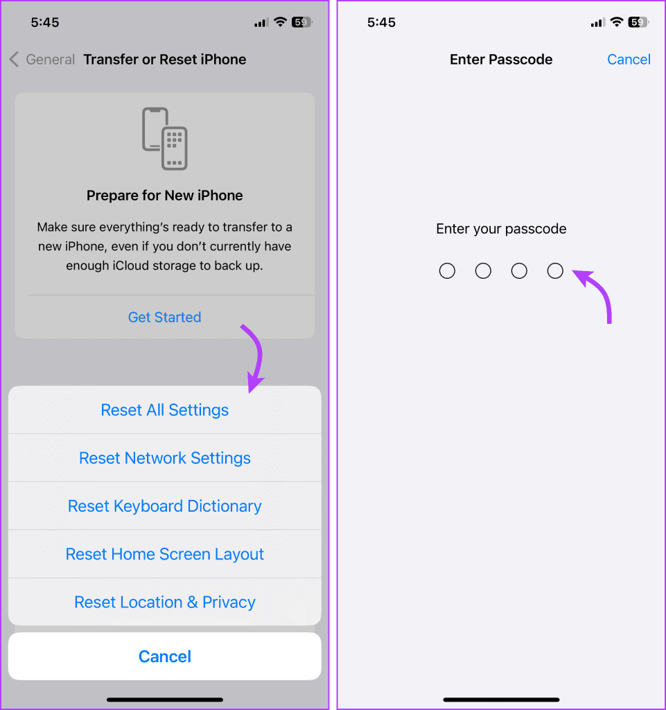 Select the setting you want to reset and then enter passcode