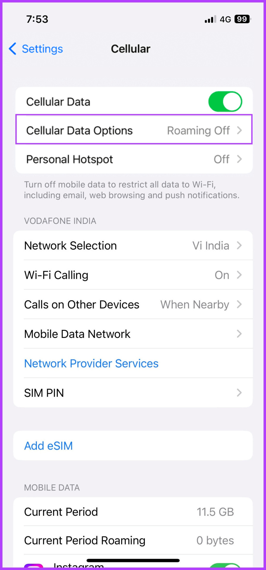 Open Cellular Data Options to turn on or off 5G