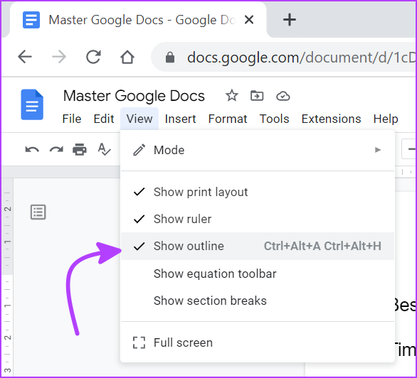 Enable outline in Google Docs