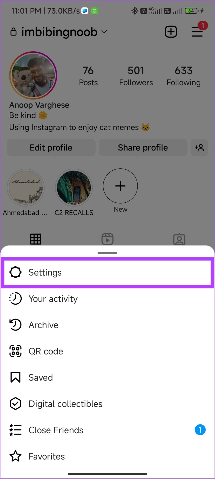 Open settings on Instagram