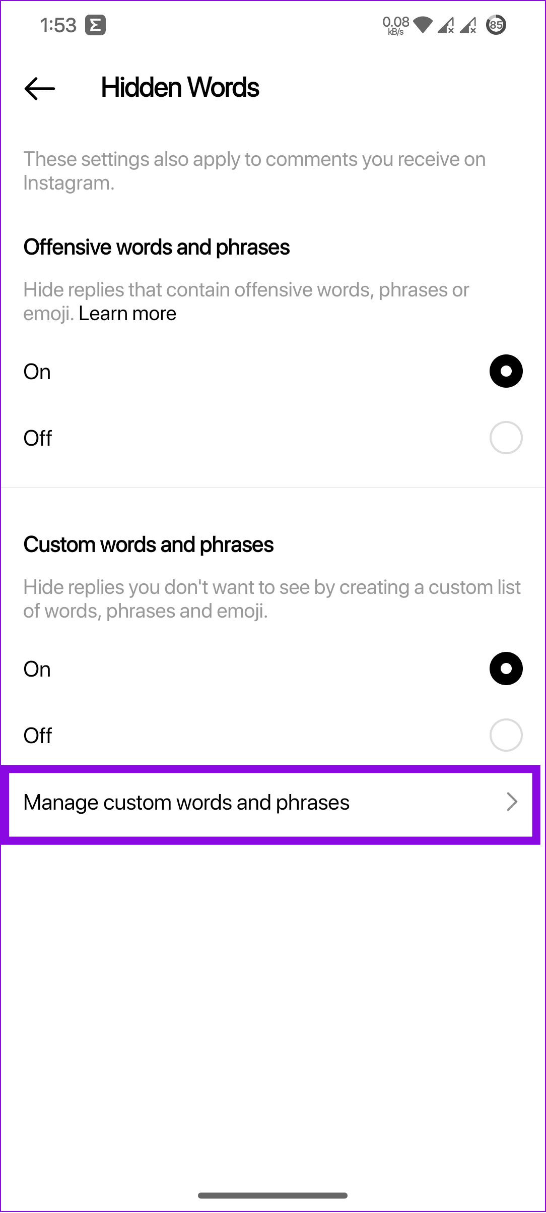 choose manage custom words and phrases