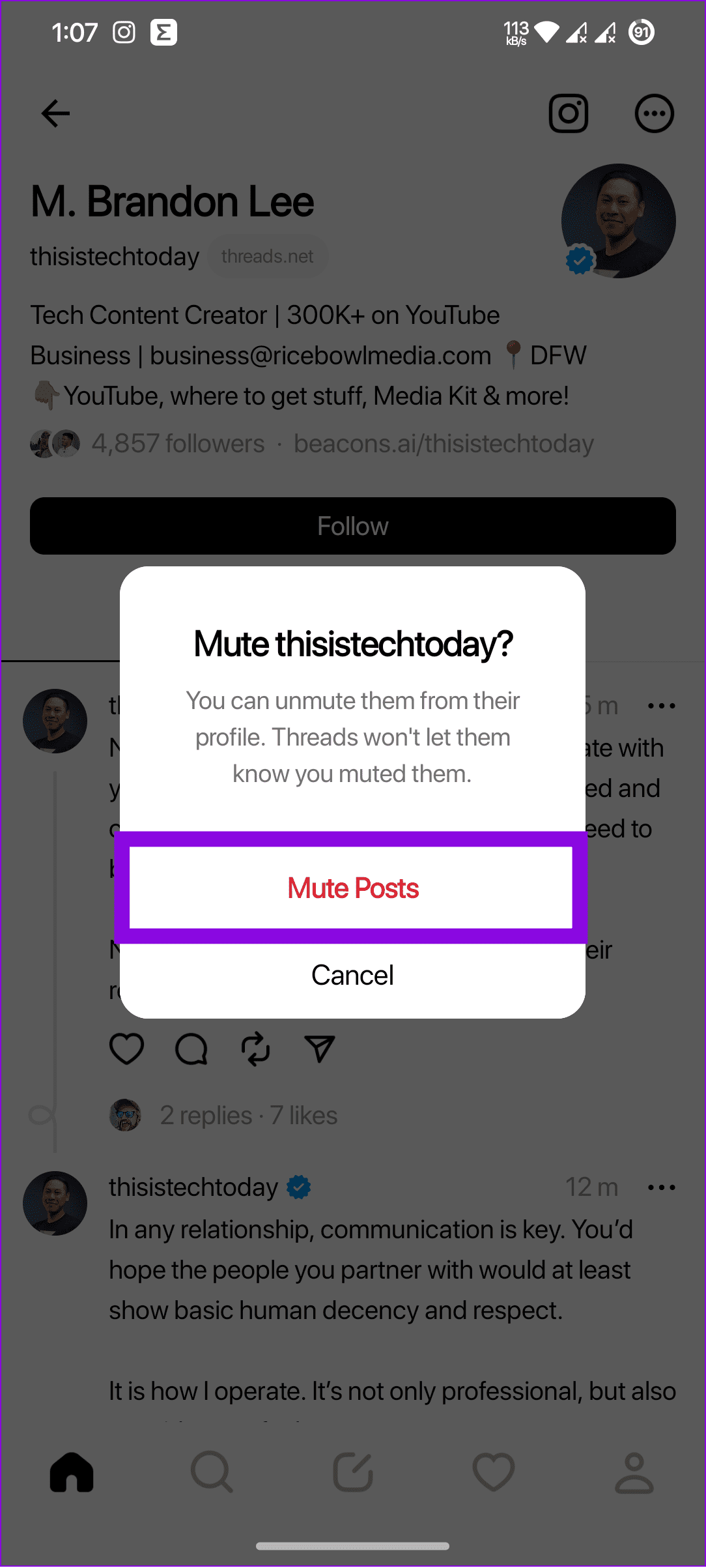 choose mute posts to confirm