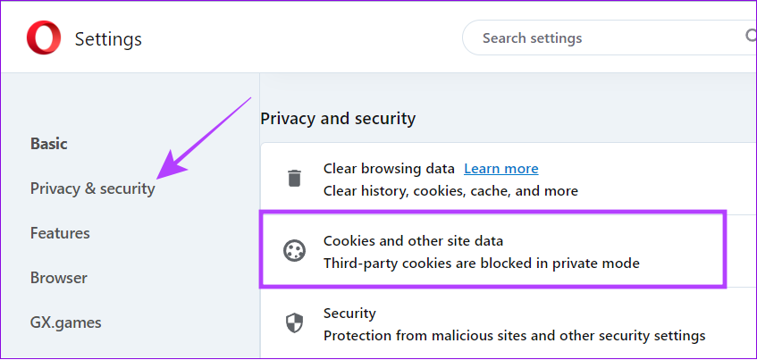 choose privacy and security and hit cookies and other site data