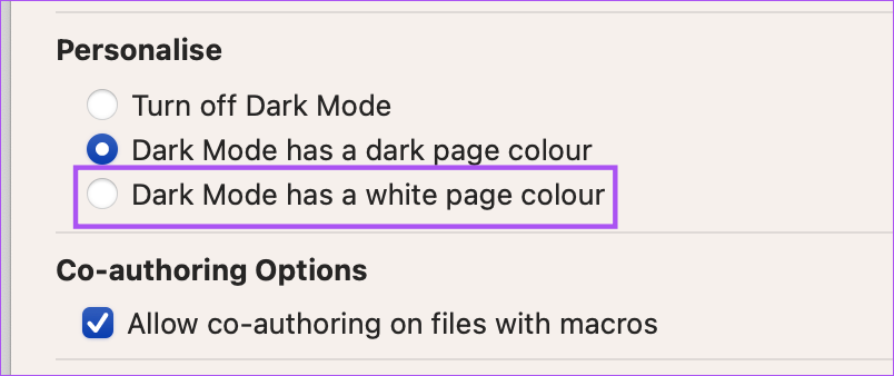 dark mode white page color mac ms Word