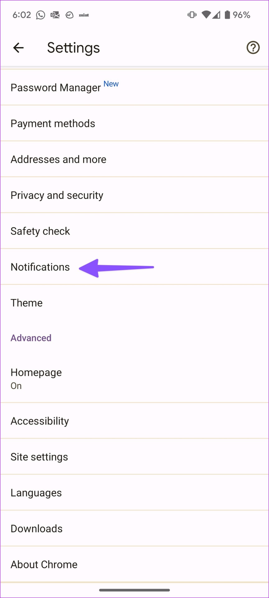 Open notifications on chrome for android
