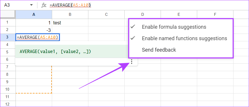 enable Google Sheet suggestions for formula parse error