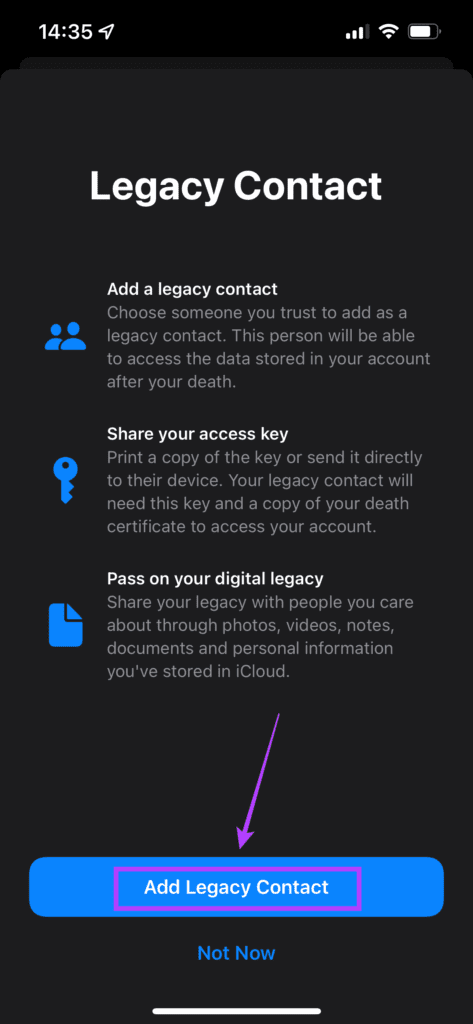 Add legacy contact screen
