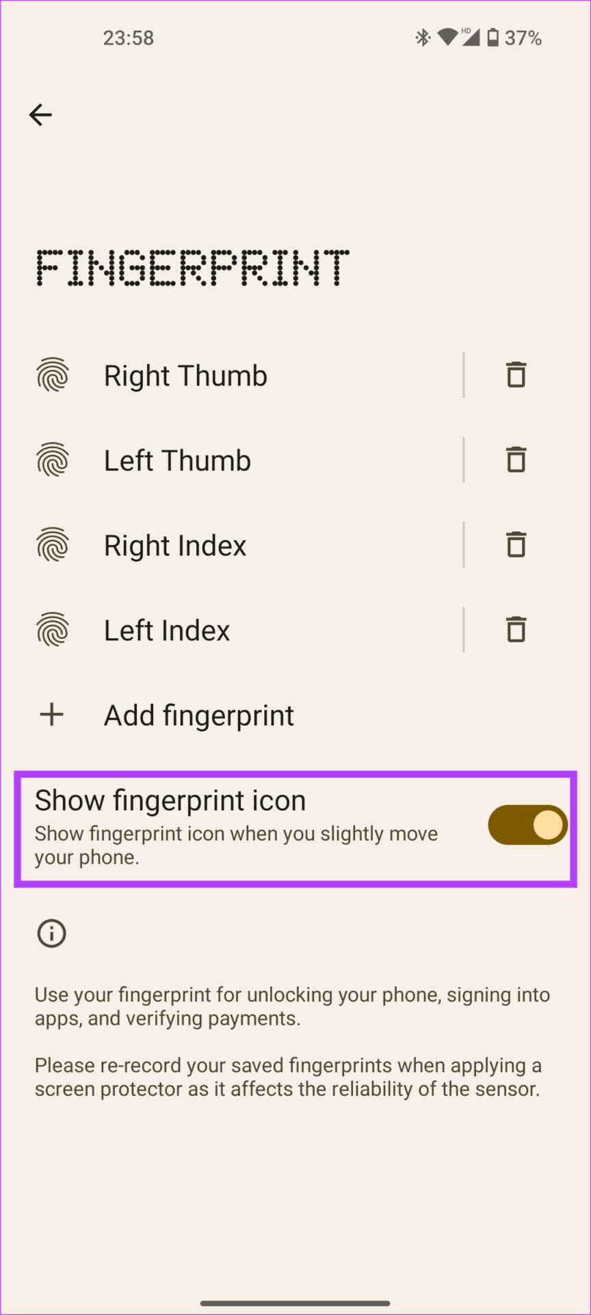 show fingerprint icon