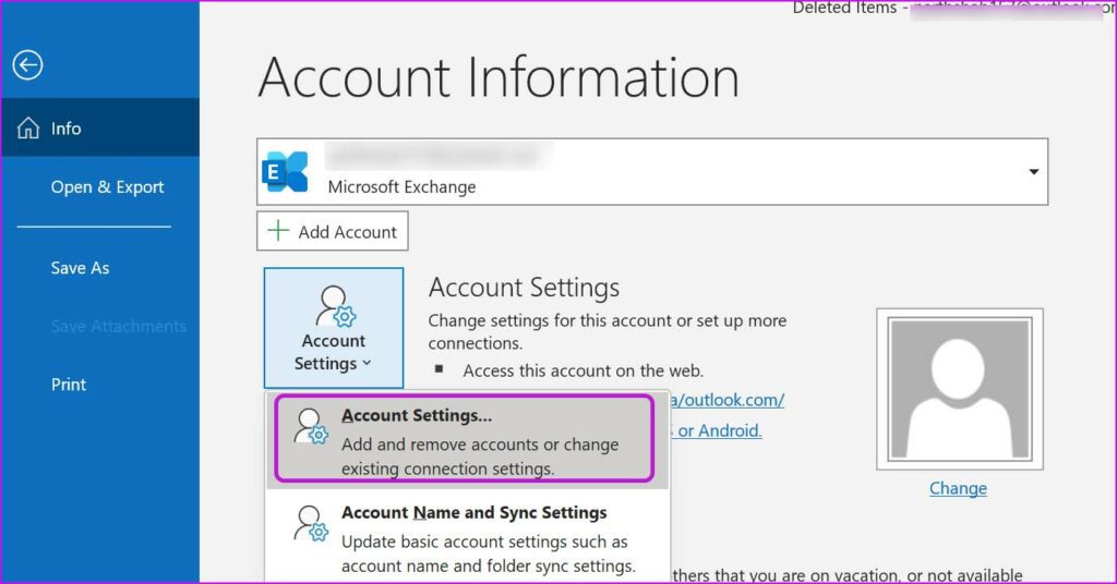 open account settings in outlook