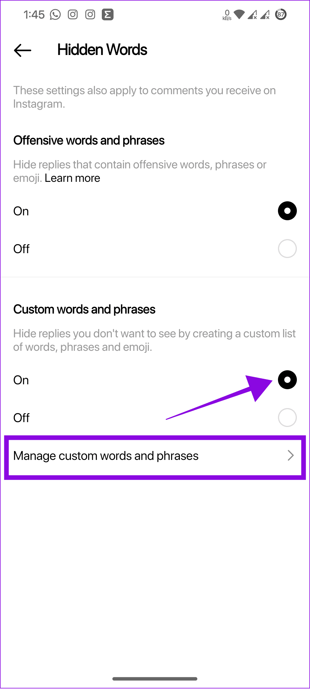 turn on custom words and then choose manage