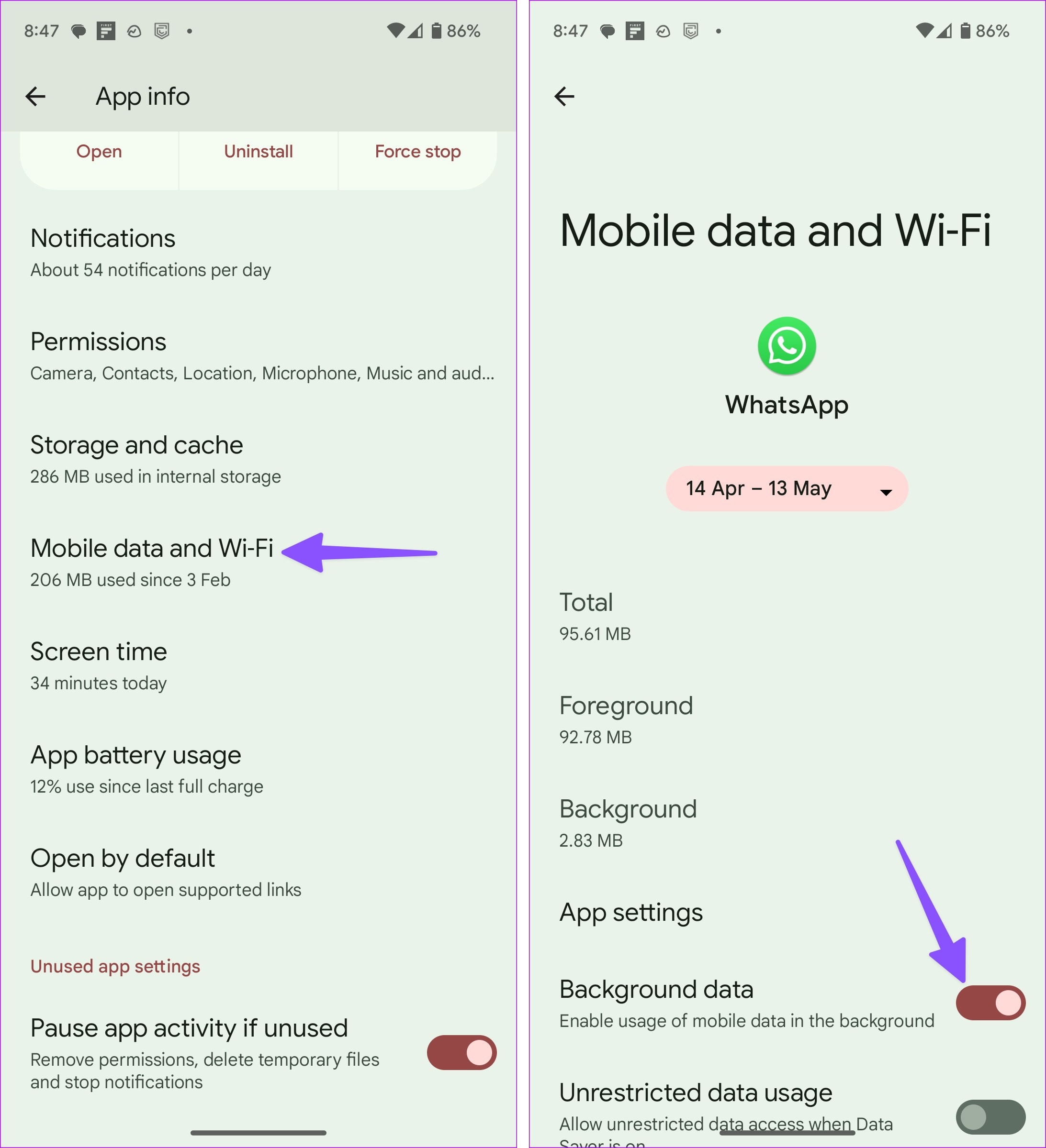 Enable background data for whatsapp
