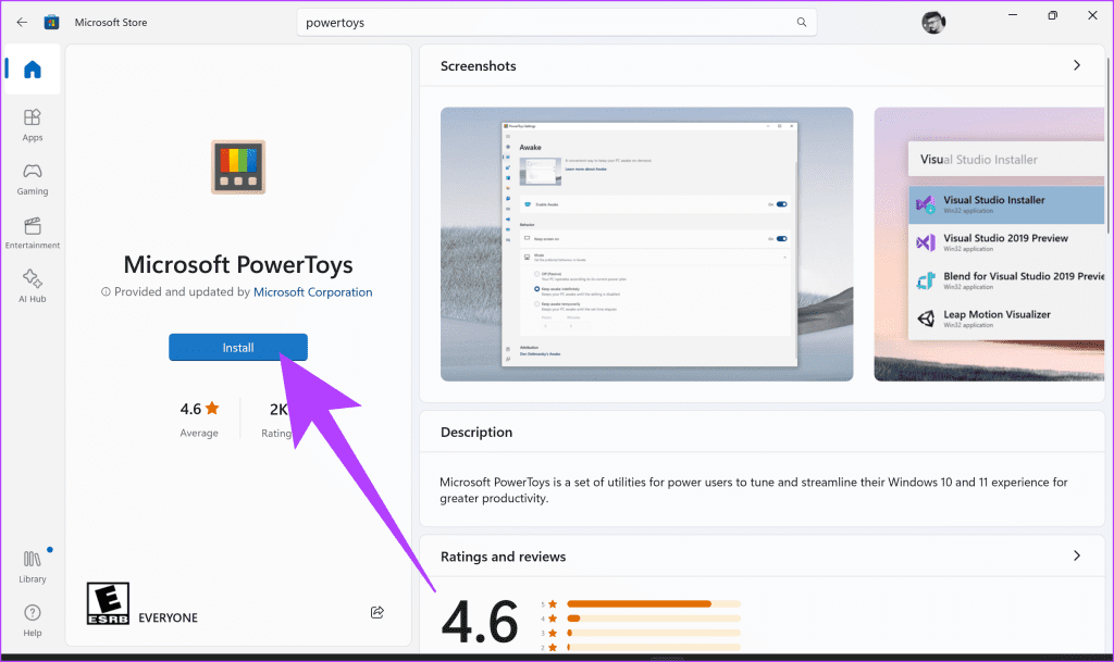 1. Click on Install to download and install Microsoft PowerToys on your Windows PC