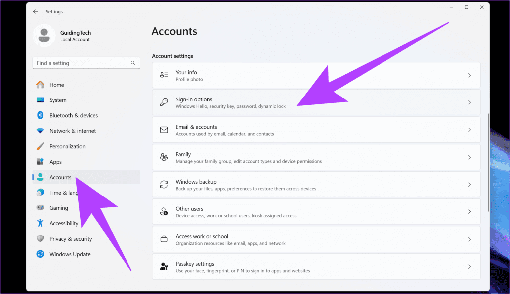 1. Here select Accounts from the left sidebar. Then on the right side scroll down and select Sign in options