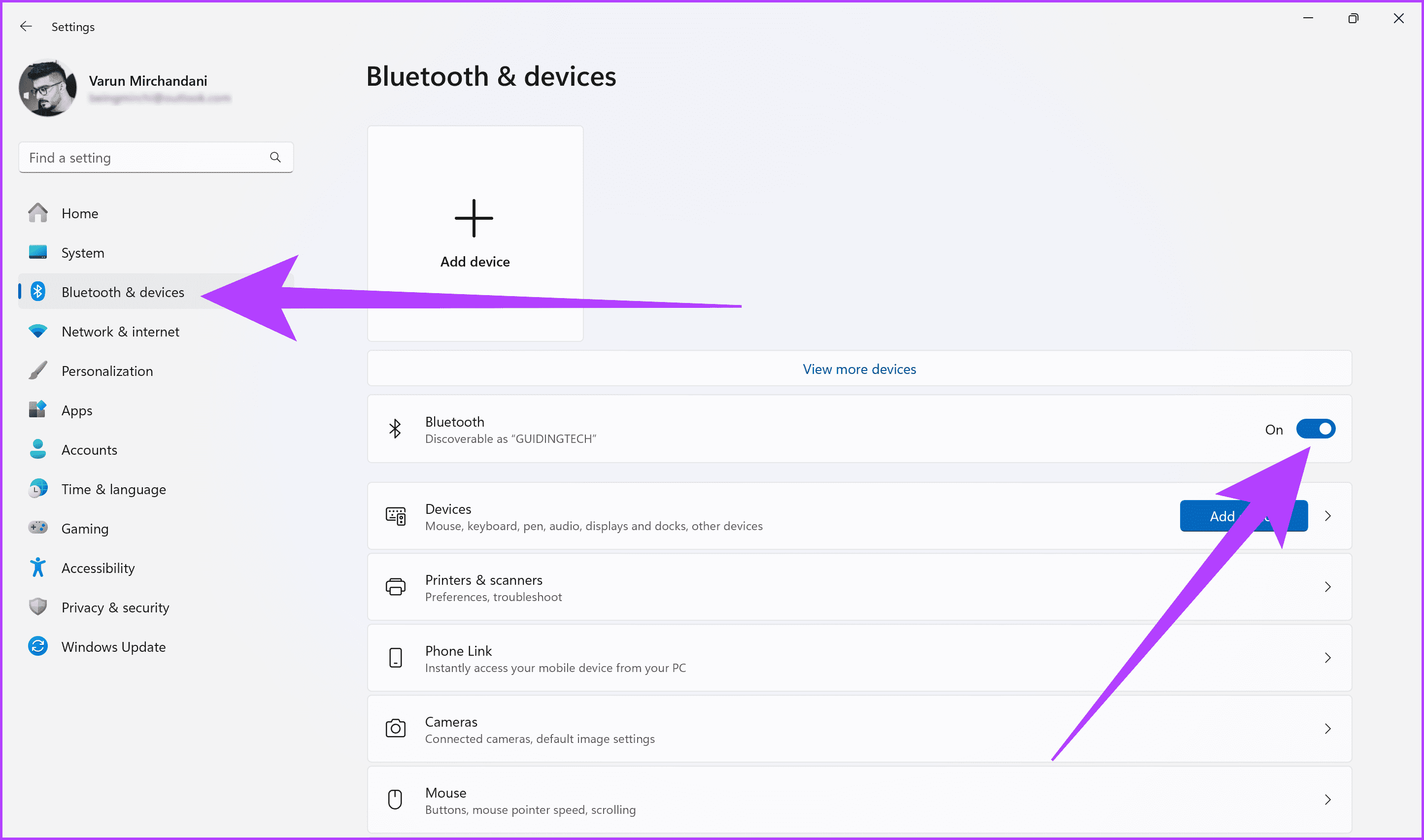 1.1 Click on the Bluetooth devices section on the left side and enable the toggle next to Bluetooth