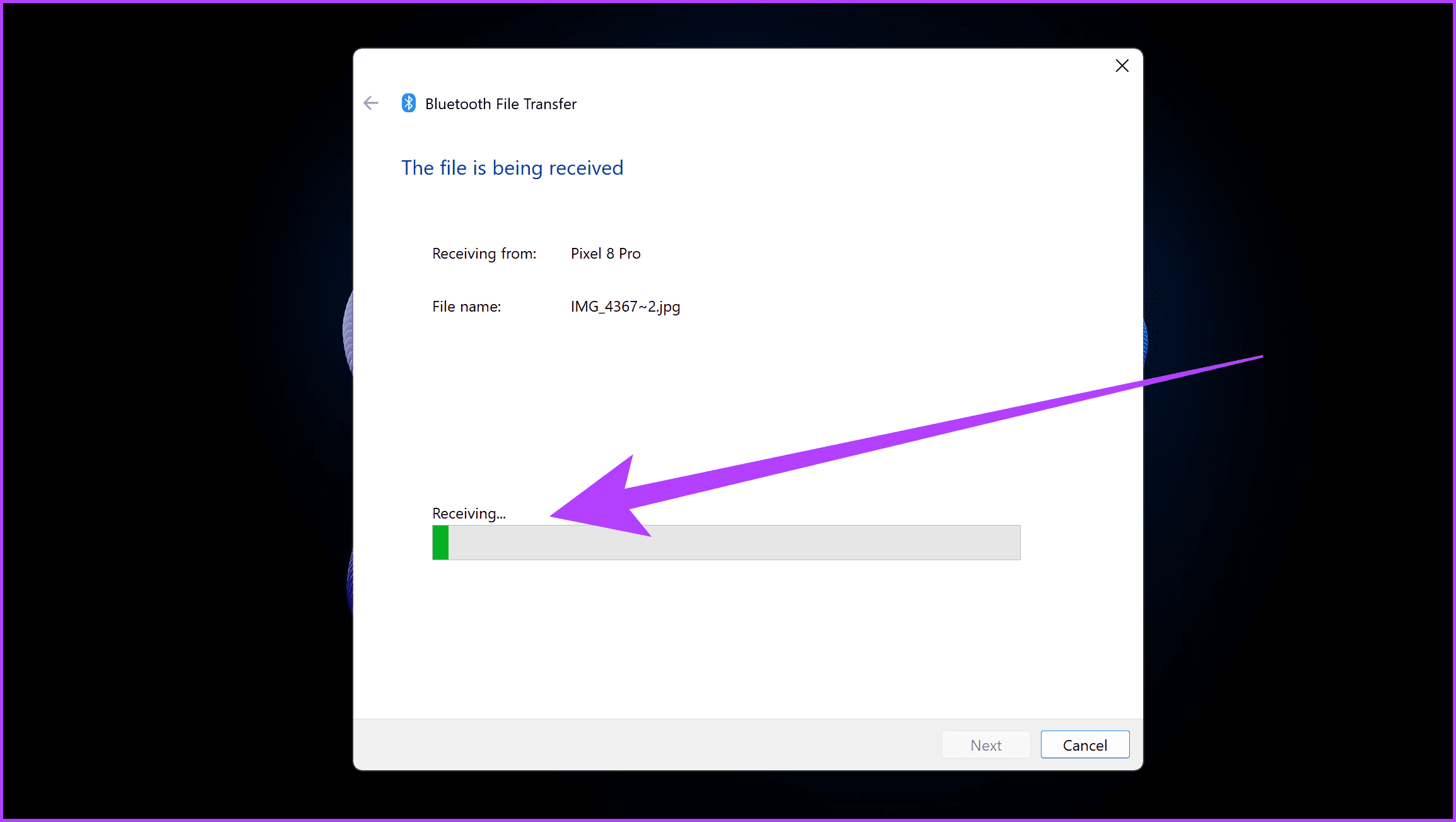 1.9 You should now see a transfer progress bar on your Windows PC