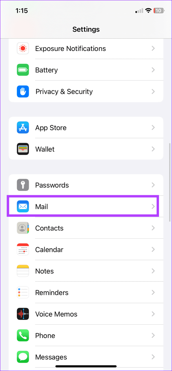 10 open Mail settings