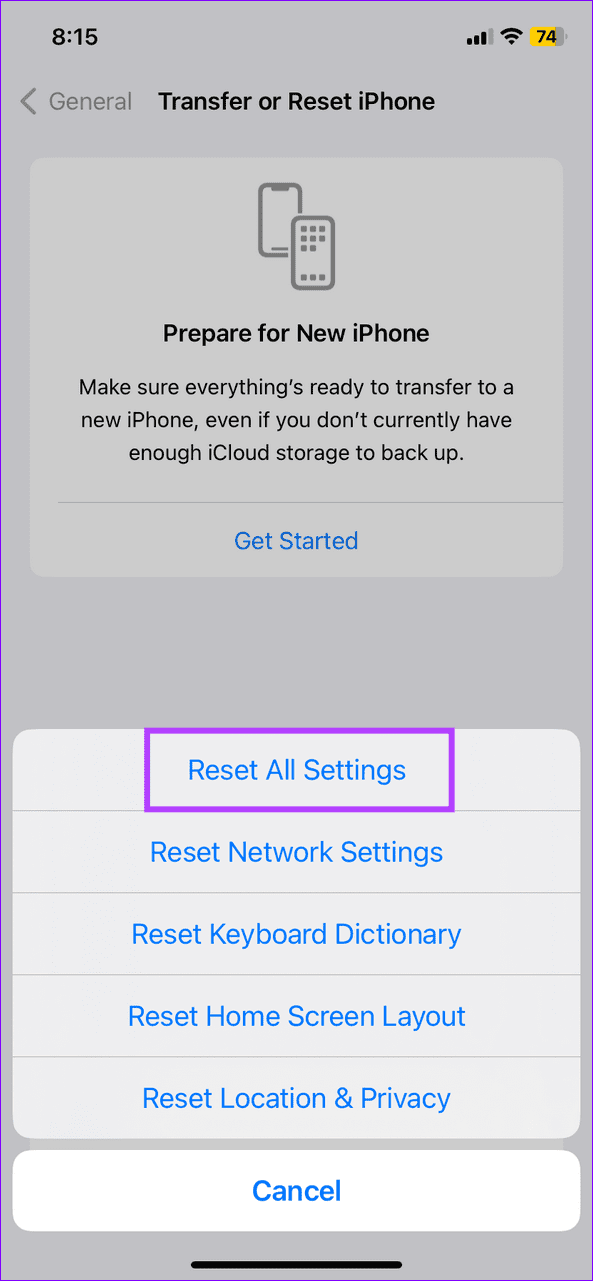 10 select reset all settings