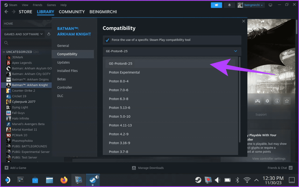 11. Now check the box next to Force the use of a specific Steam Play compatibility tool. Below it select GE Proton from the drop down list
