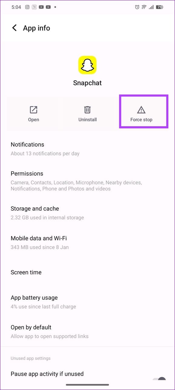 14 force stop the Snapchat app
