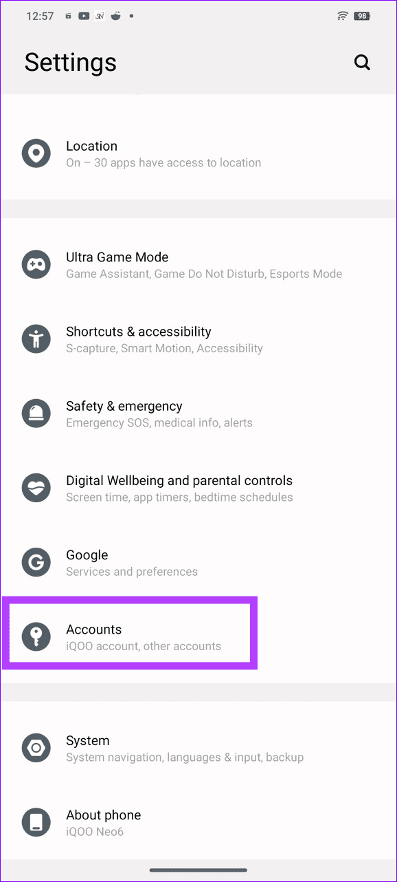 16 select Accounts under Android