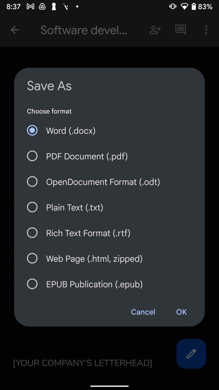 Save document as pdf