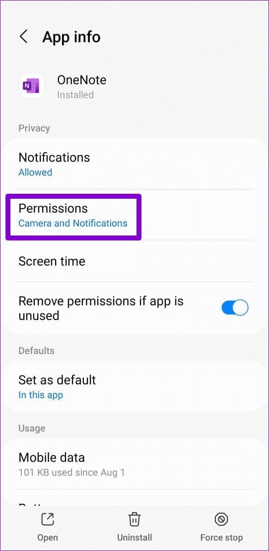 2 OneNote App Permissions on Android
