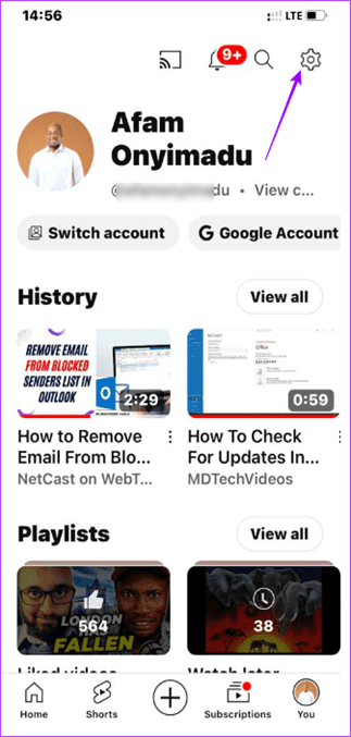 2. Settings icon YouTube Mobile