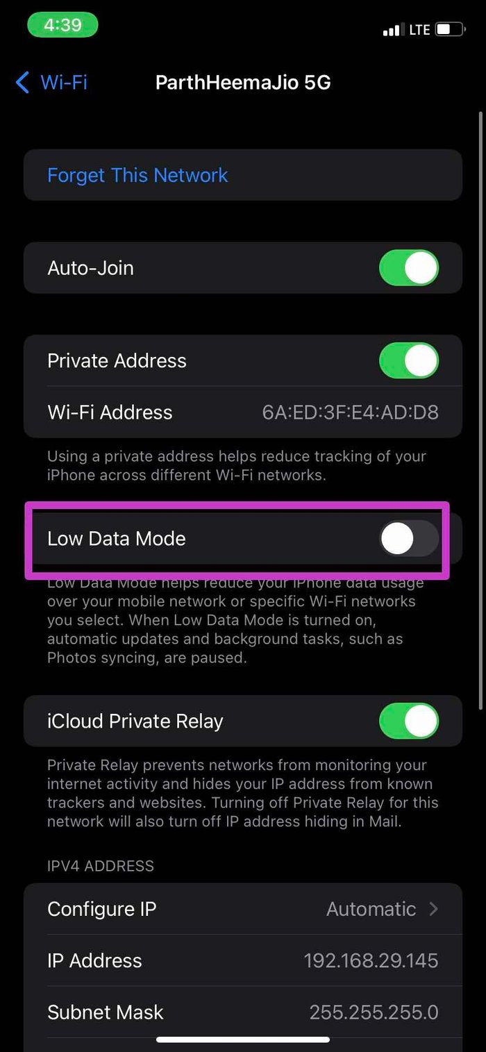 Disable low data mode
