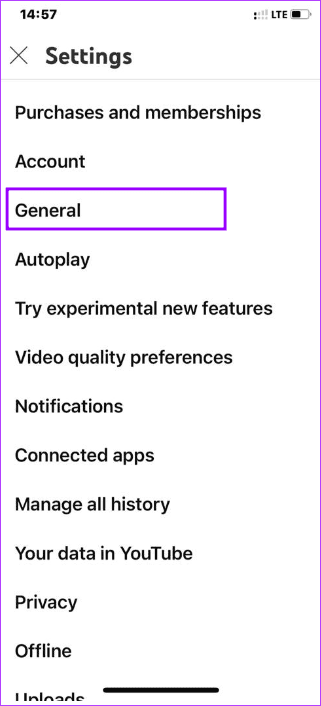 3. General option YouTube mobile