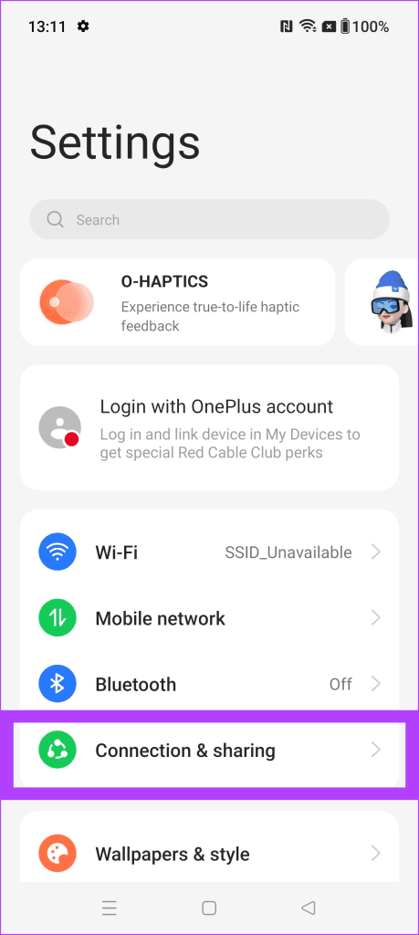 3. head back to Settings and tap on Connection sharing