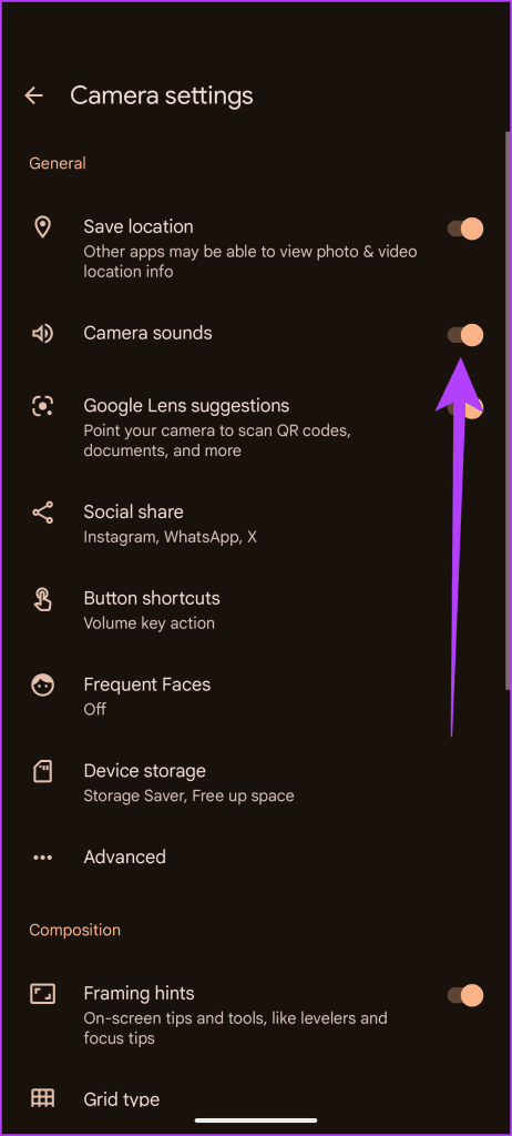 3. there should be a toggle for Camera sounds Turn Off Camera Sound on Google Pixel