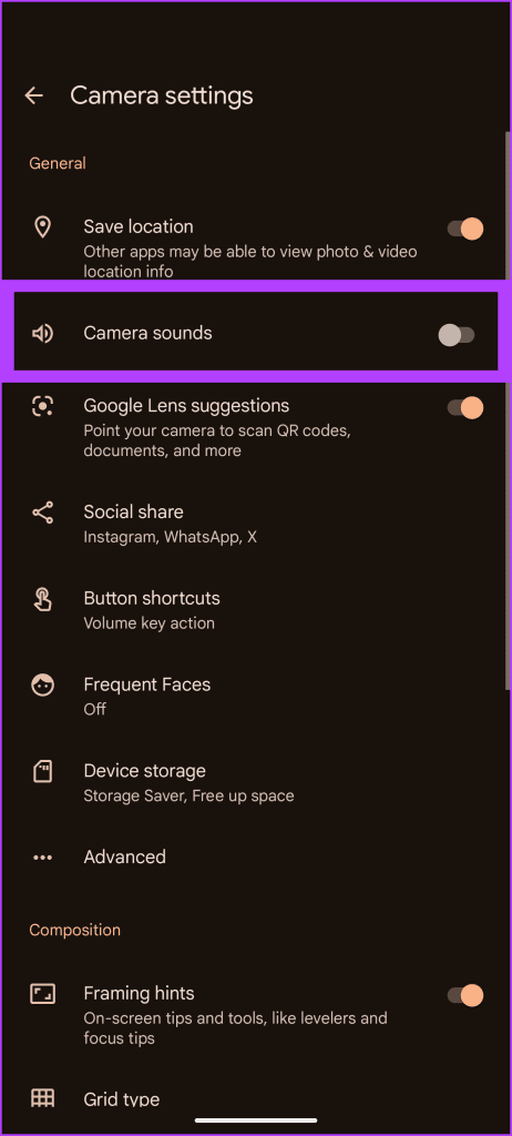 4. disable that toggle. Turn Off Camera Sound on Google Pixel