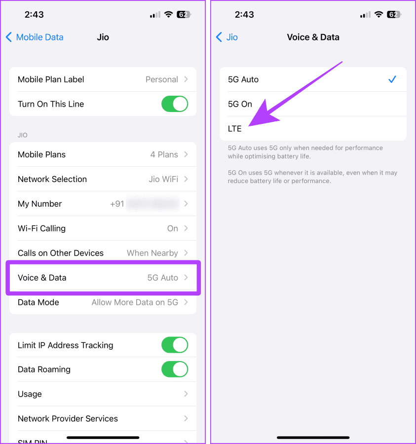 4G LTE or 5G Voice and Data Settings on iPhone