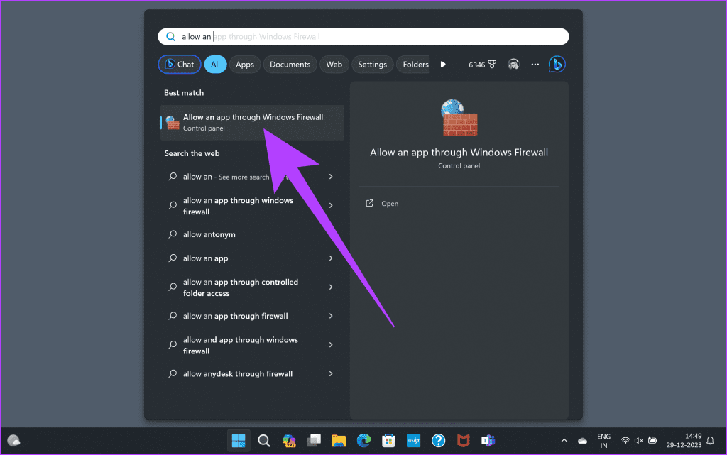 5. Inside Windows Search search for Allow an app through Windows Firewall