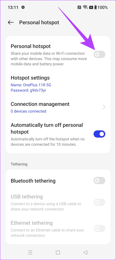 5. enable the toggle next to Personal hotspot 1