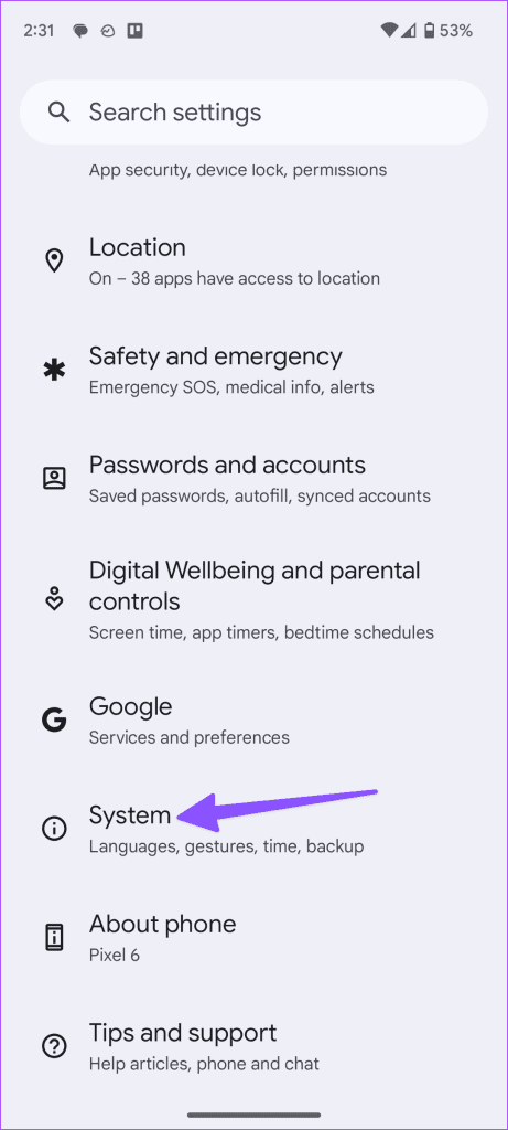 Android system settings