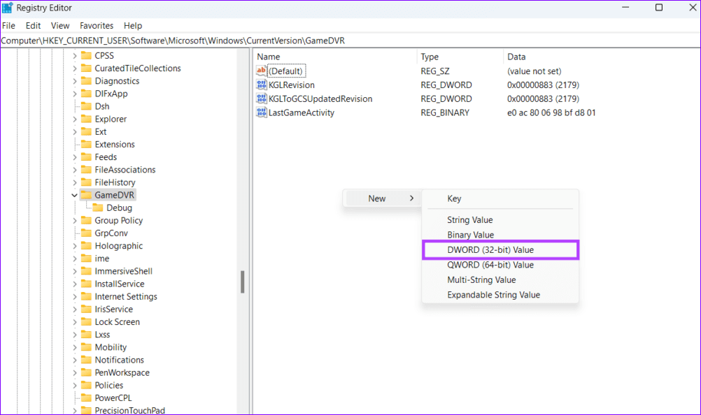 6 create a Dword Value