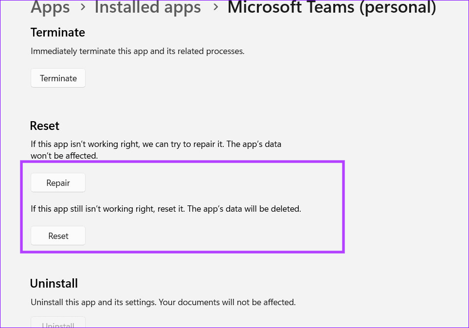 7 reset or repair Microsoft teams
