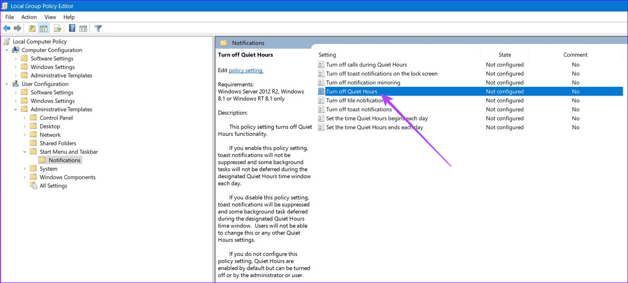 8 locate quiet hours policy in group policy editor
