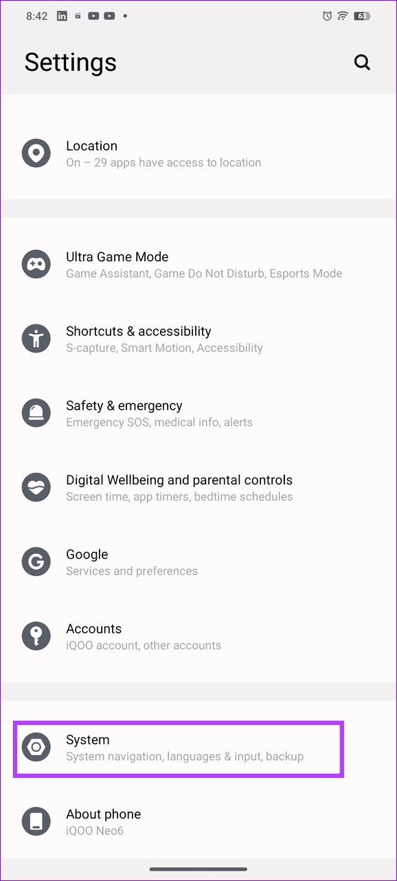 8 select system in Android settings